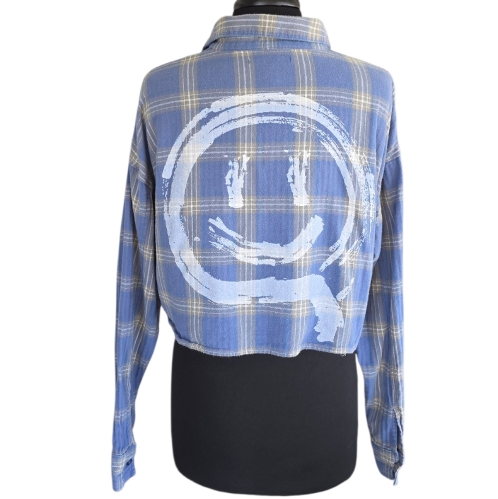 Forever 21 Grunge Happy Face Graffiti Cropped Blue Plaid Button Down Shirt